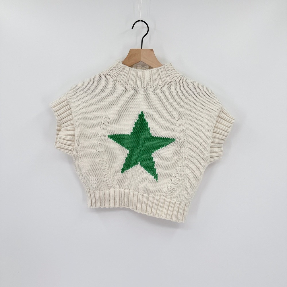 Maeve Cropped Coastal Grandpa Sweater Vest S Green Star Chunky Mock Neck Retro